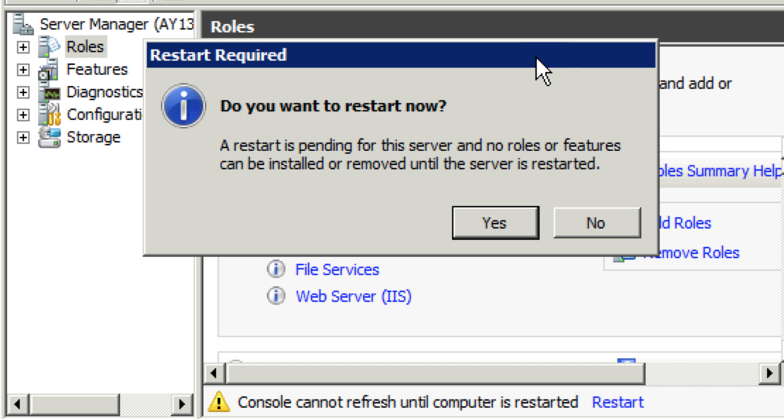 Server manager displaying console cannot refresh until computer is restart